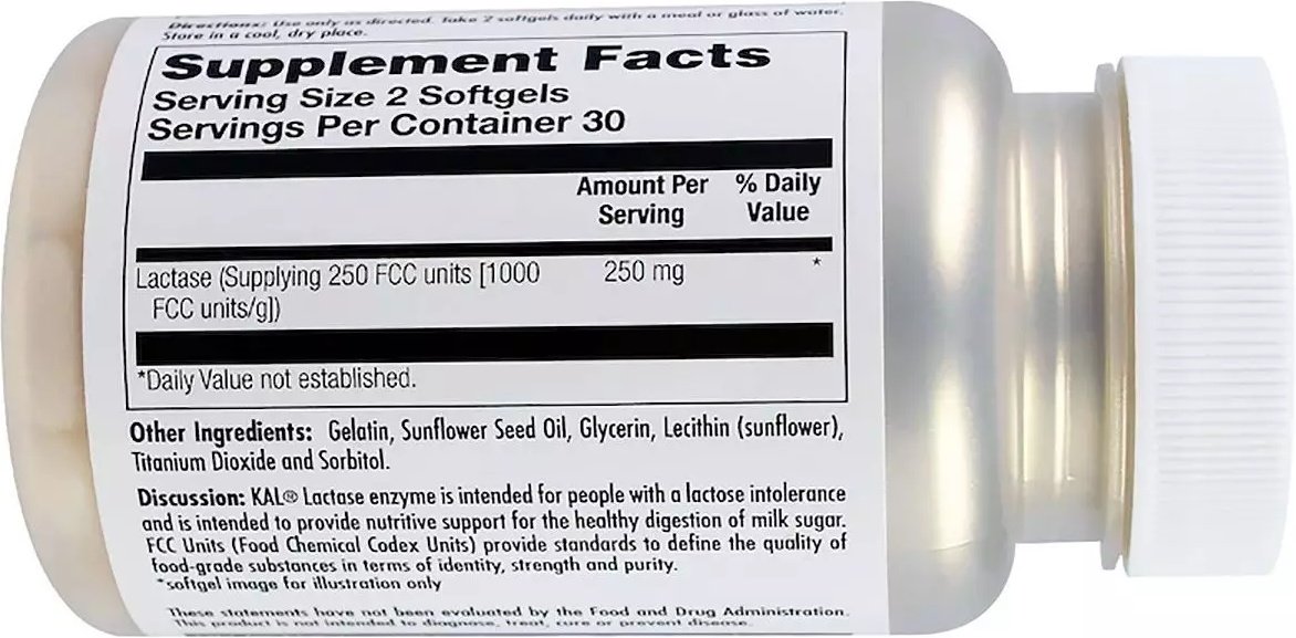 Лактаза KAL Lactase Enzyme 250 мг 60 гелевых капсул (CAL80206) купить