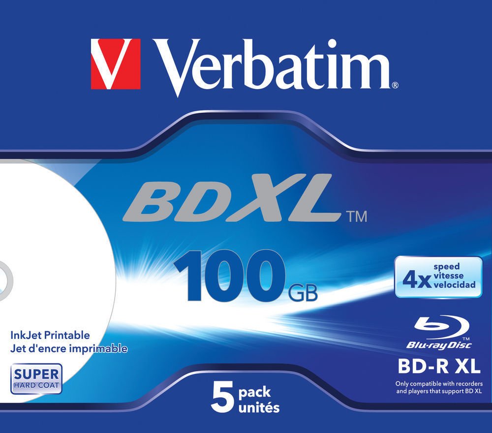BDR XL Verbatim 100Gb 4X Wide White Inkjet Printable (5 Pack Jewel